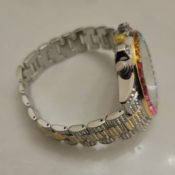 Men's Luxury Iced Crystal Rainbow Inlaid Simulated Diamond Steel Quart Watch - Picture 5 of 10